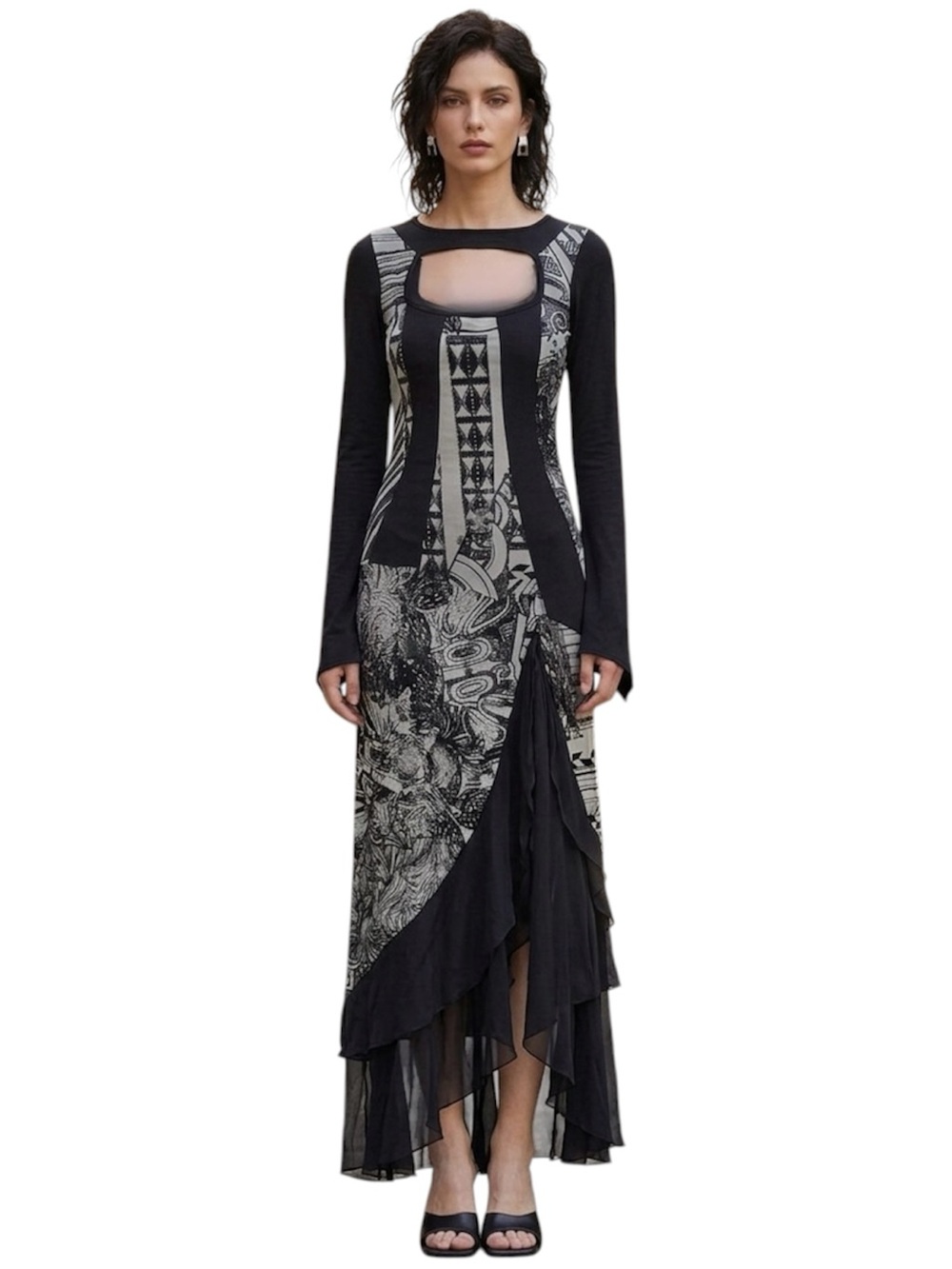 Save The Queen Cutout Maxi Dress Mesh Asymmetrical Overlay Print Size Medium - Picture 1 of 16